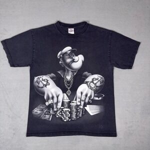 Y2K Popeye Poker Gangster Graphic T-Shirt M Black Delta Pro Cartoon Tattoo Tee